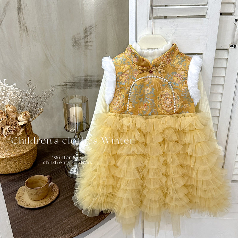 [in Stock] Girls' Chinese Style New Year Dress Winter Tang Suit Birthday Dress with Fleece Lining Puffy Skirt Princess Dress