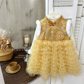 Girls' Dress 2025 Chinese Style New Year Outfit Autumn and Winter Tang Suit Birthday Dress Fleece-Lined Tutu Princess Dress Trendy