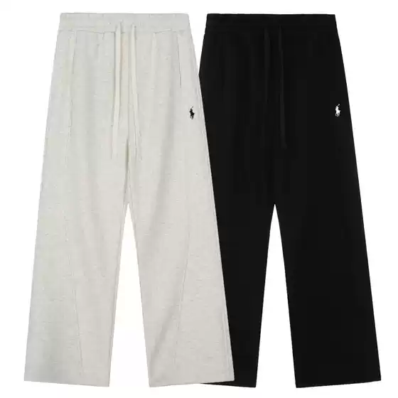 25Ss Cross-Border Trendy Brand Rl Solid Color Pony Embroidered Logo Thickened Fleece Wide-Leg Pants Unisex Casual Pants