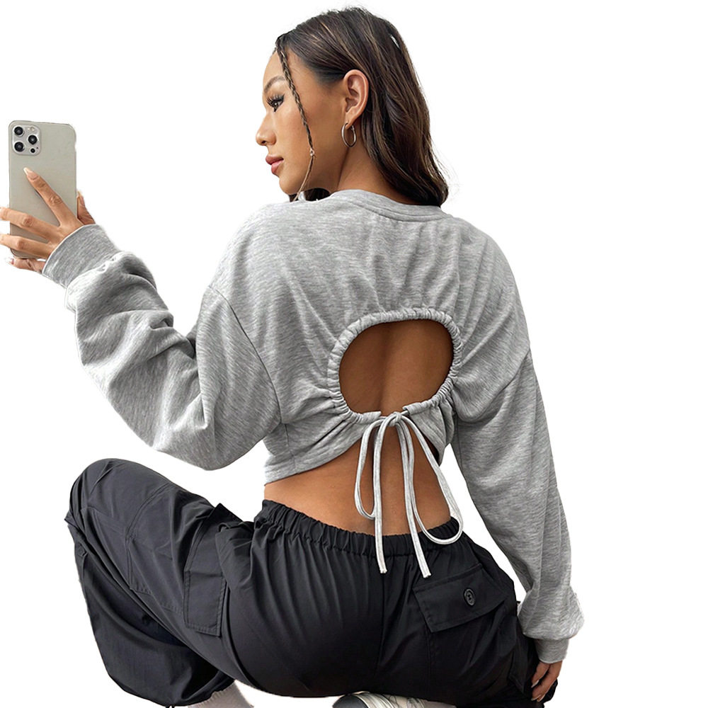 High Waisted Cropped Sweatshirt Drawstring Waist Loose Fit Long Sleeve Casual Style Wholesale Available