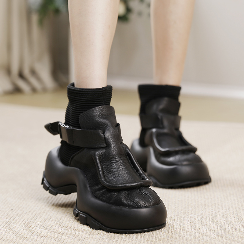 Boot Martin nữ da bò cổ ngắn đế dày gót thô — Màu đen, Màu nâu đậm