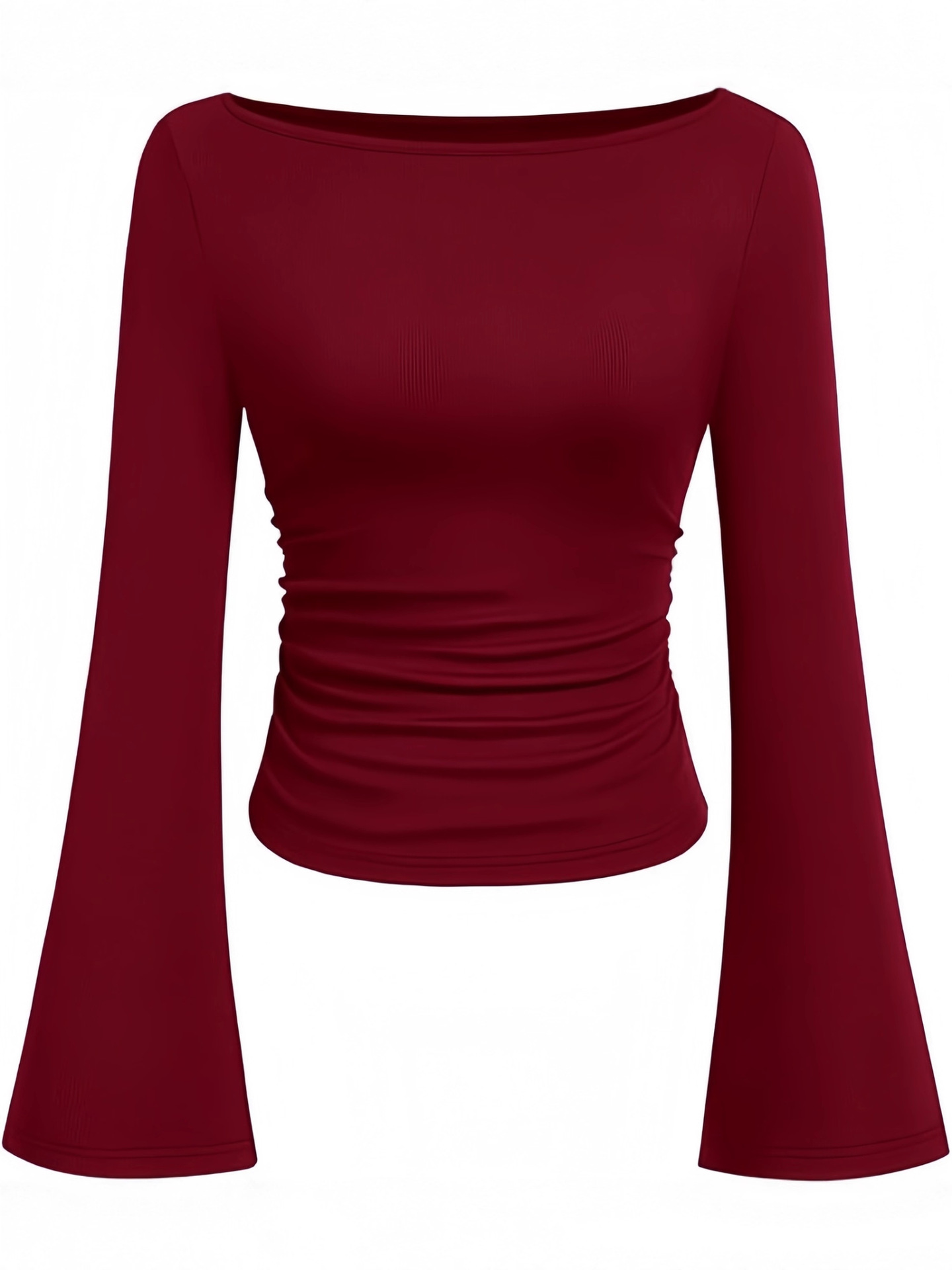 2025亚马逊跨境秋冬新款一字领百搭长袖t恤女装修身喇叭袖打底衫