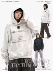 Trythmclub American Retro Distressed Letter Print Hooded Sweatshirt Hip-Hop Oversize Lazy Hoodie