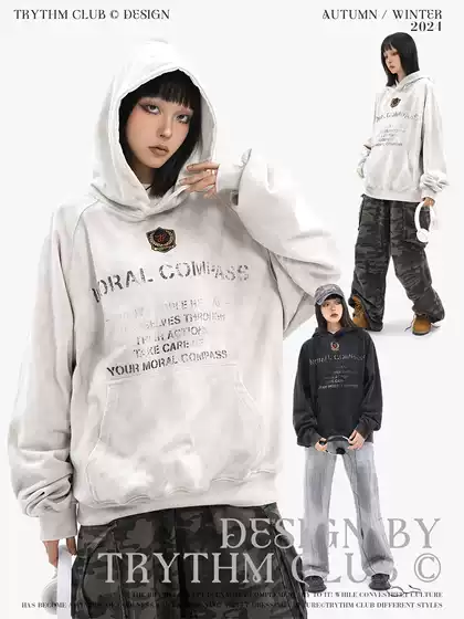 Trythmclub American Retro Distressed Letter Print Hooded Sweatshirt Hip-Hop Oversize Lazy Hoodie