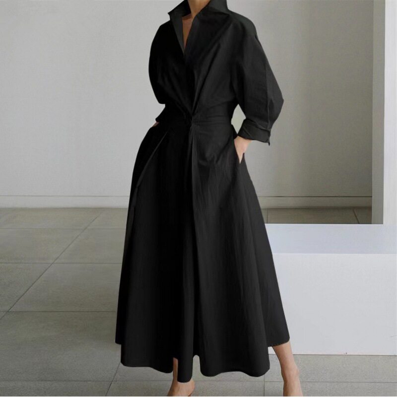 Plus Size Fashionable Polo Collar Dress Loose Fit Three Quarter Sleeves Flared Hem Ideal for Commuting Wholesale