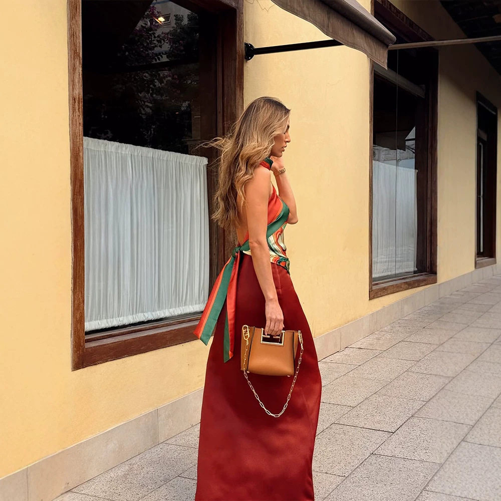 Summer Vacation Two Piece Set Sleeveless Halter Top Long Skirt Dunhuang Color Palette Sexy Style Wholesale Available