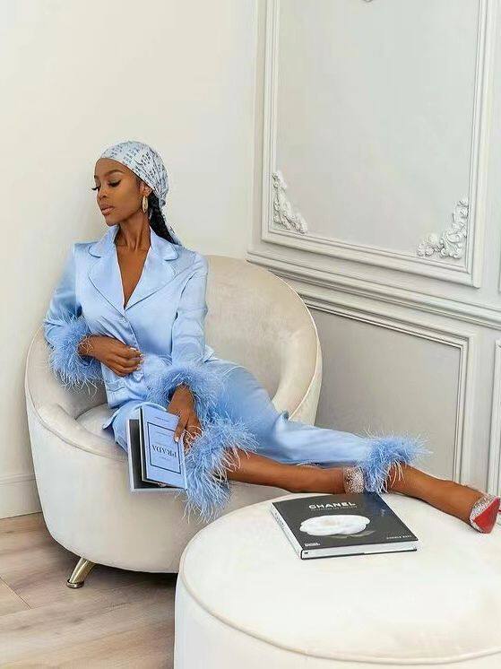 2022 Amazon independent station women's solid color suit lapel top feather trousers two-piece pajamas suit