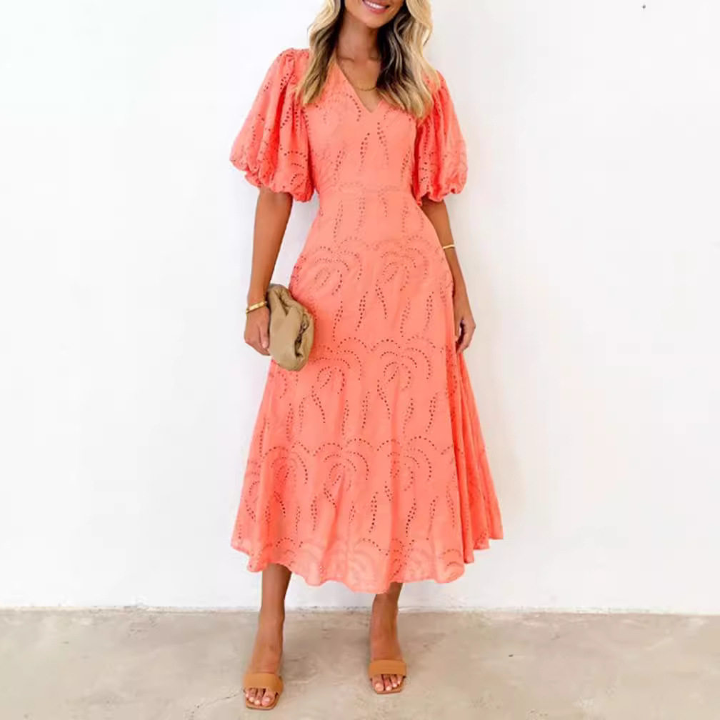 Womens Hollow Out V Neck Short Sleeve Dress Solid Color Waist Defining Elegant Style Perfect for Autumn Events