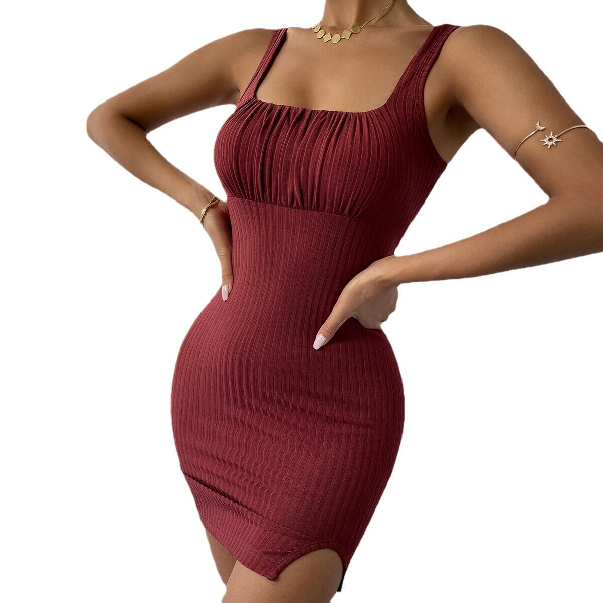 Womens Knitted Bodycon Dress Sexy Split Design Slim Fit Spaghetti Straps Spring Summer Fashion Wholesale Available