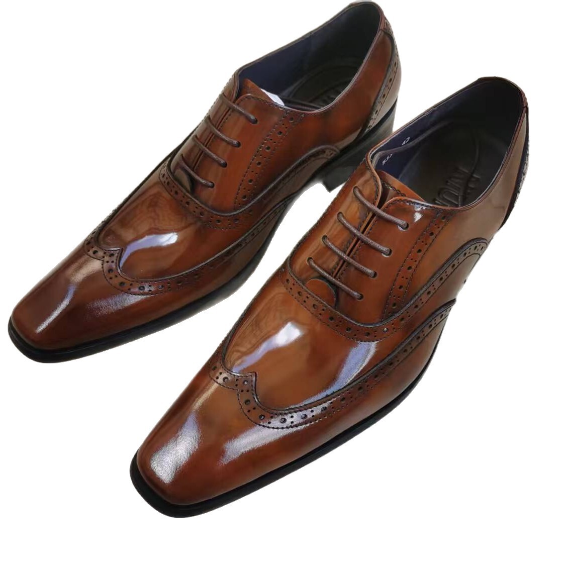 Giày tây nam Derby da bò thật thêu hoa văn brogue buộc dây bóng bề mặt — màu đen, Nâu phai màu
