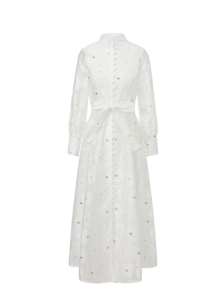 Vintage Inspired Luxury Jacquard Dress Stand Collar Waist Tie Slim Fit Elegant Long Dress for Spring and Autumn