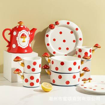 Mushroom Tableware Cute Bowl Plate Household 2022 New Soup Bowl Special Binaural Ceramic Bowl for Oven