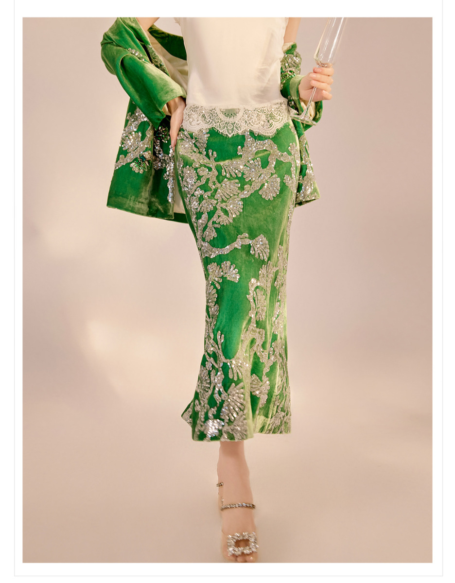 Bộ áo khoác cardigan và chân váy nữ thêu đính hạt lụa tơ tằm cao cấp — Váy (giao hàng trong 7 ngày), Váy (giao hàng trong ngày), Áo khoác (giao hàng trong 7 ngày)