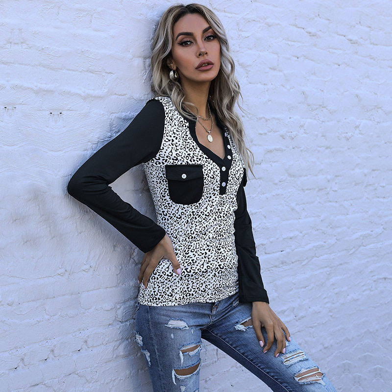 Long Sleeve Leopard Print Black T Shirt Slim Fit Casual Style Comfortable Fabric Perfect for Everyday Wear