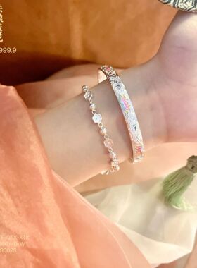 9999足银荷花莲花唐草纹手镯珐琅实心开口纯银镯子新中式轻奢礼物