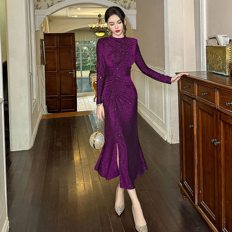 Đầm Dự Tiệc Nữ Dáng Ôm Thiết Kế Cổ Điển Xếp Ly Che Bụng Xẻ Tà Lấp Lánh Màu Nâu, Tím