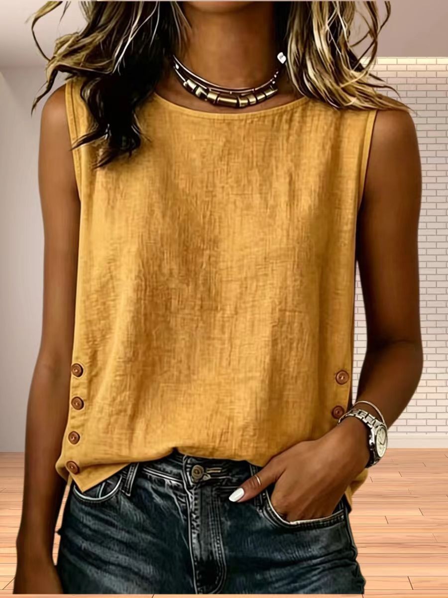 Womens Summer Sleeveless Loose Fit Tank Top Solid Color Round Neck Casual Style Wholesale Available