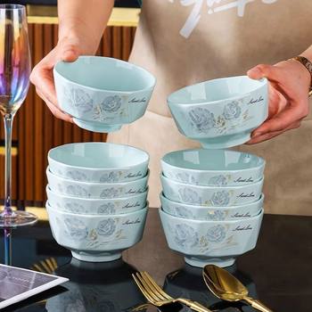 10 Pieces of Yingqing Sweet Honey Household Ceramic 4.5-Inch Rice Bowls, Thickeneded, Anti-Scalding and Durable