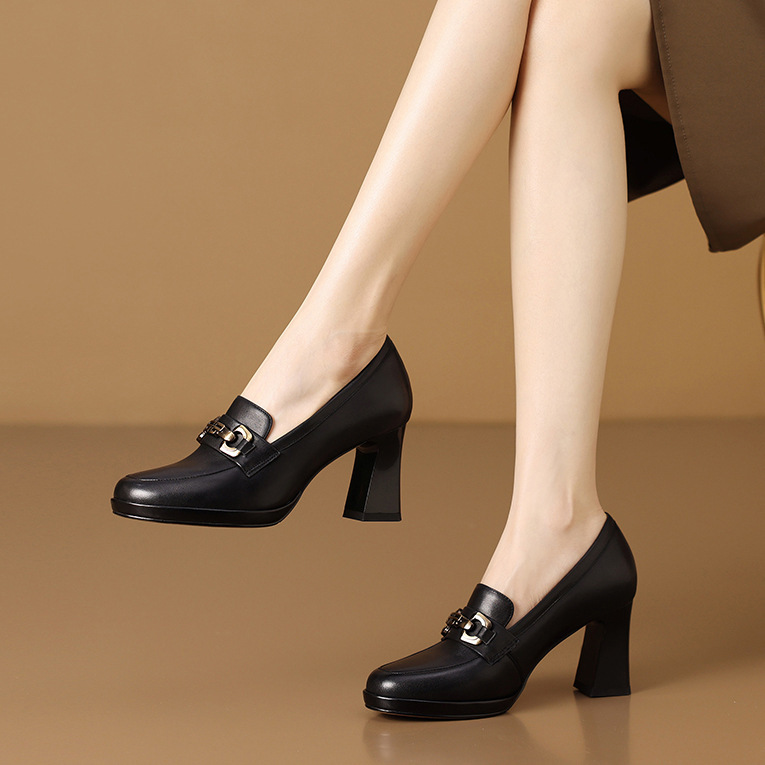 Giày cao gót nữ mũi vuông gót thô phối quai loafer thanh lịch — Màu đen, Màu mơ