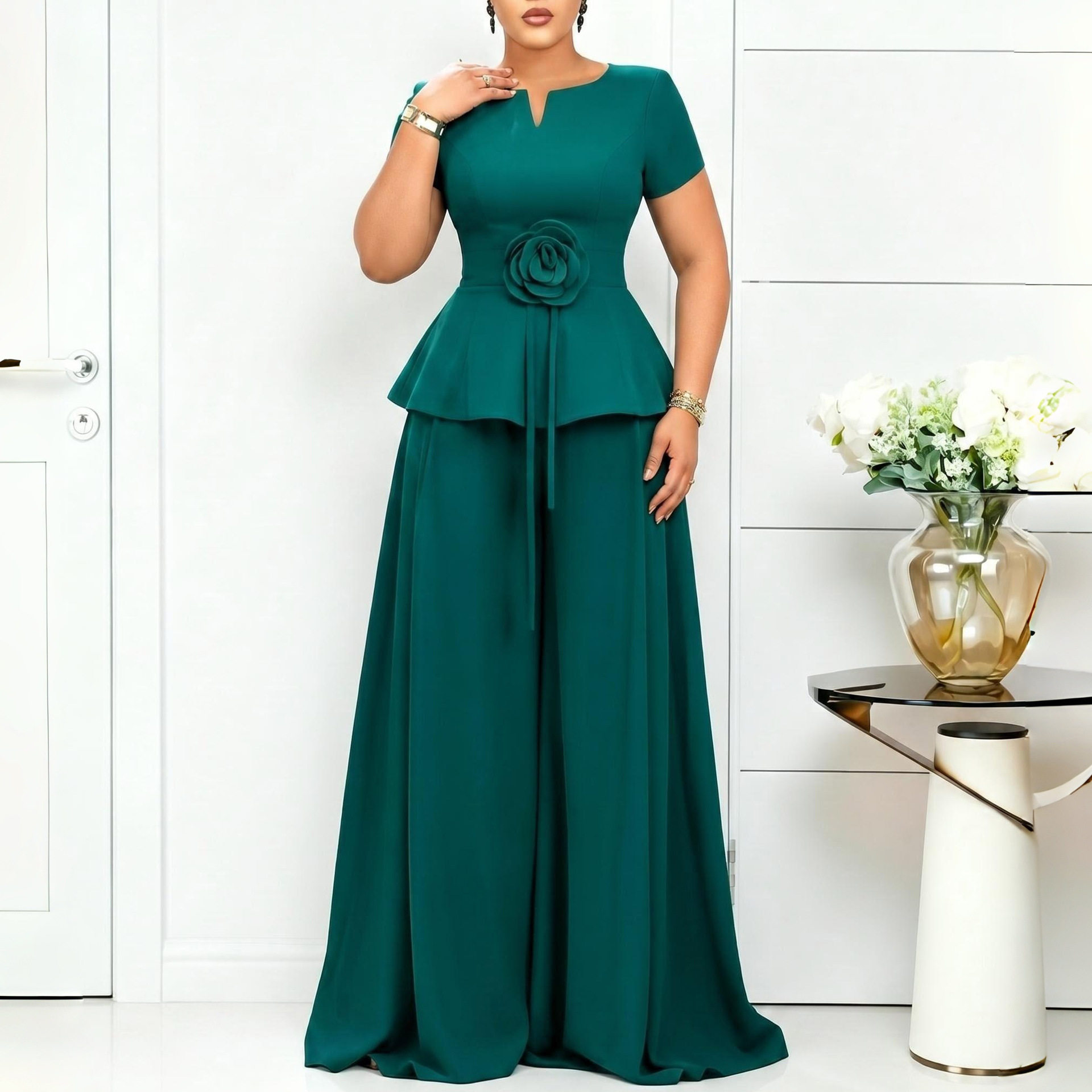 Elegant Plus Size Ruffled Sleeve Top and Wide Leg Pants Set Summer Fashion Casual Wear Wholesale Available