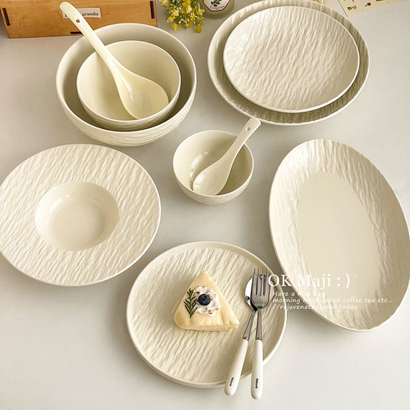 Cream Style Tableware Set Bowls and Plates Household Simple High-End Modern Chinese Dishware Set Ceramic Rice Bowl Soup Noodle Bowl