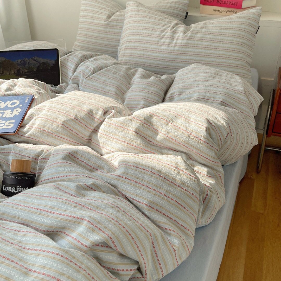 Spring and Autumn Striped Cotton Four-piece Set Yarn-dyed Jacquard Washed Cotton Quilt Cover Bed Sheet Dormitory Three-piece Bedding