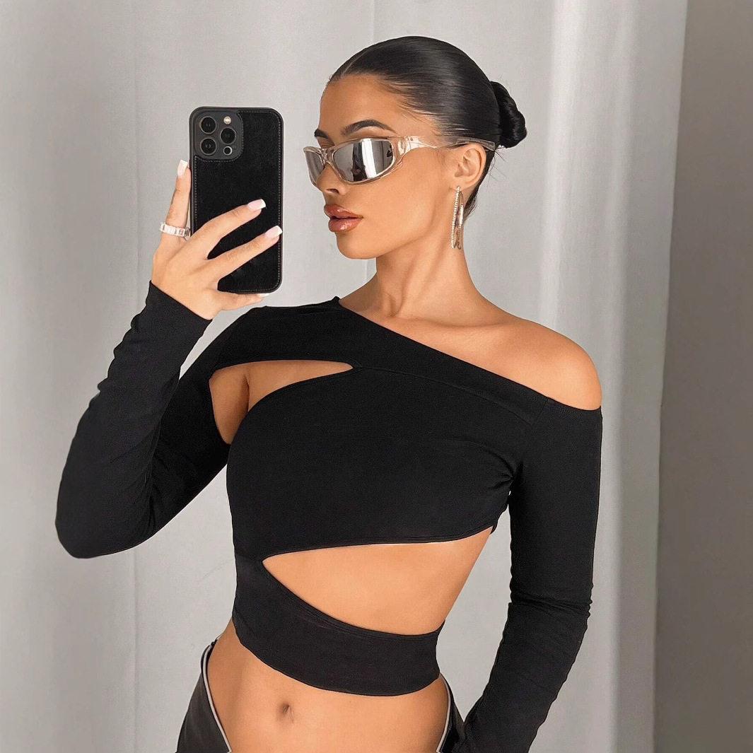 Womens Irregular Asymmetrical Neck Y2K Long Sleeve T Shirt Trendy European and American Style Spring Summer Collection