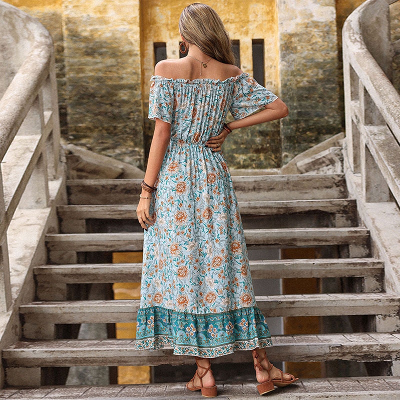 Floral Summer Dress Blue Color Off Shoulder Neckline Vintage French Style Perfect for Casual Outings Wholesale
