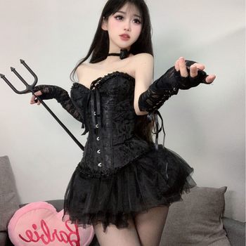 Half-Sugar Gravity Dark Night Corset Fishbone Tube Top Shapewear Design Bra with Tutu Skirt Sexy Intimates 6062