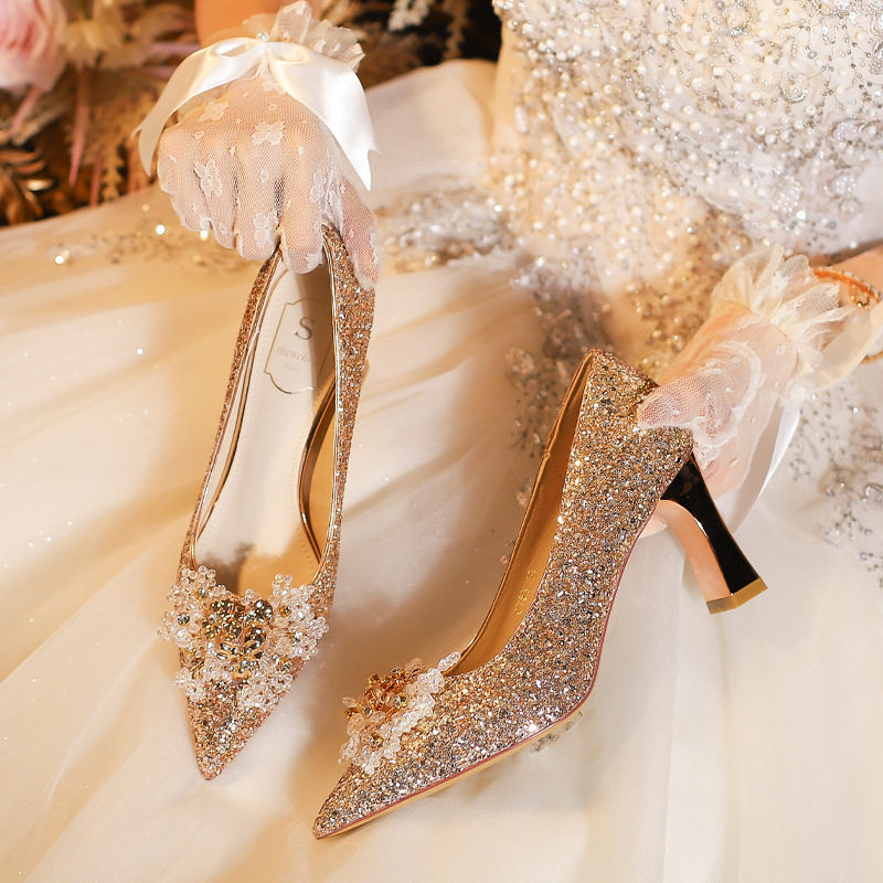 C755-12 wedding shoes women's bridal shoes sequined wedding dress two-way crystal shoes 2024 new high heel plus size 32-43