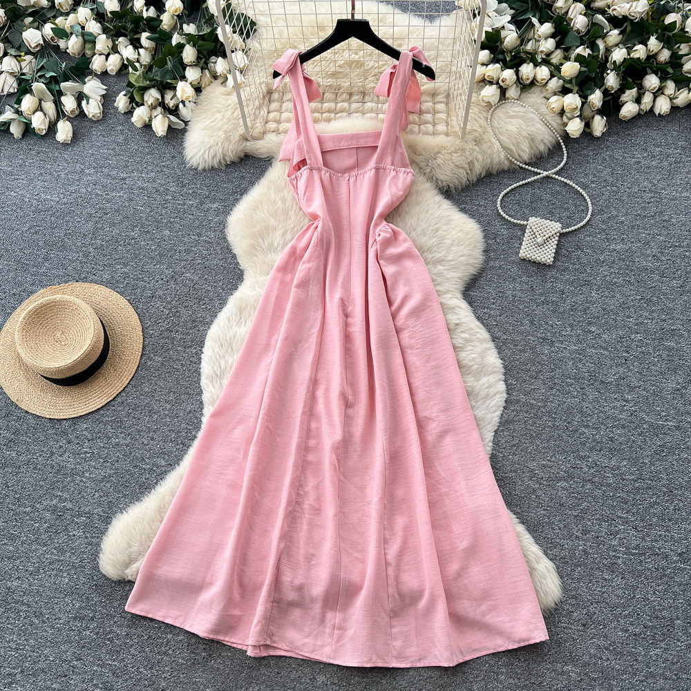 Pink Sleeveless Tie Front Dress Relaxed Fit High Waist A Line Silhouette Summer Vacation Casual Wear Wholesale