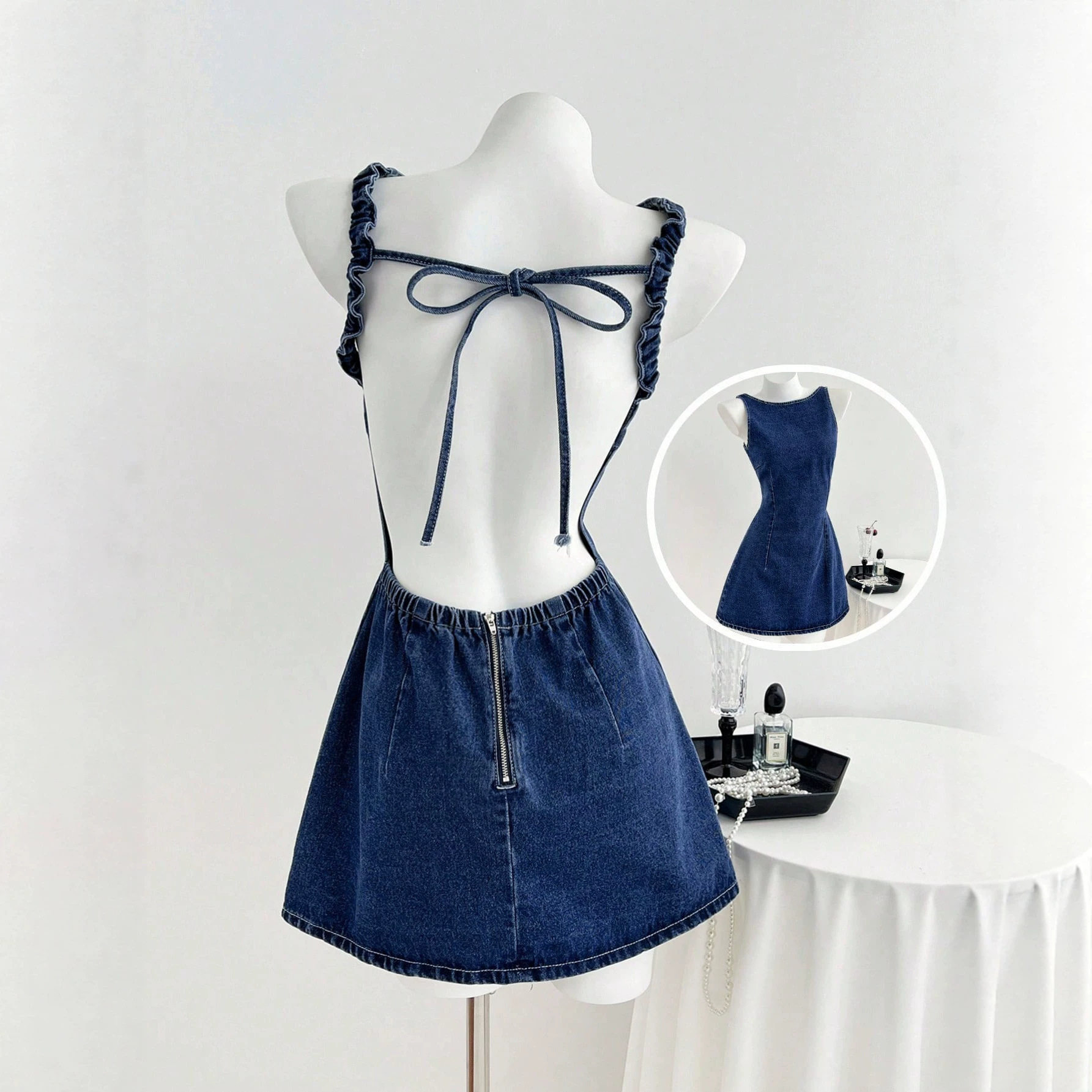 Summer Denim Dress Sexy Backless Design with Bow Tie Casual Wear for Women Ready to Ship bulk order