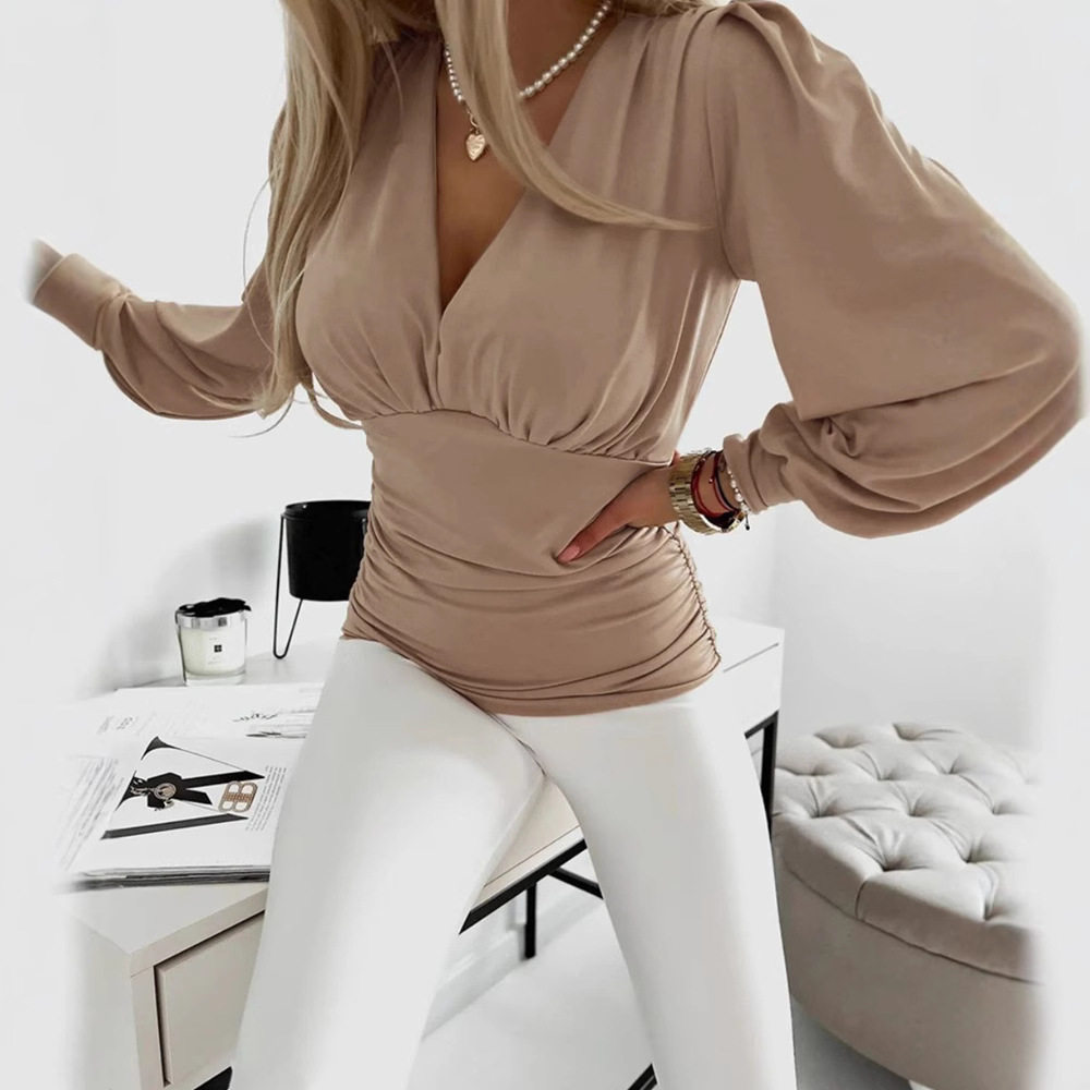 Womens Solid Color Deep V Neck Slim Fit Blouson Sleeve Top Fall Collection Perfect for Casual and Evening Wear