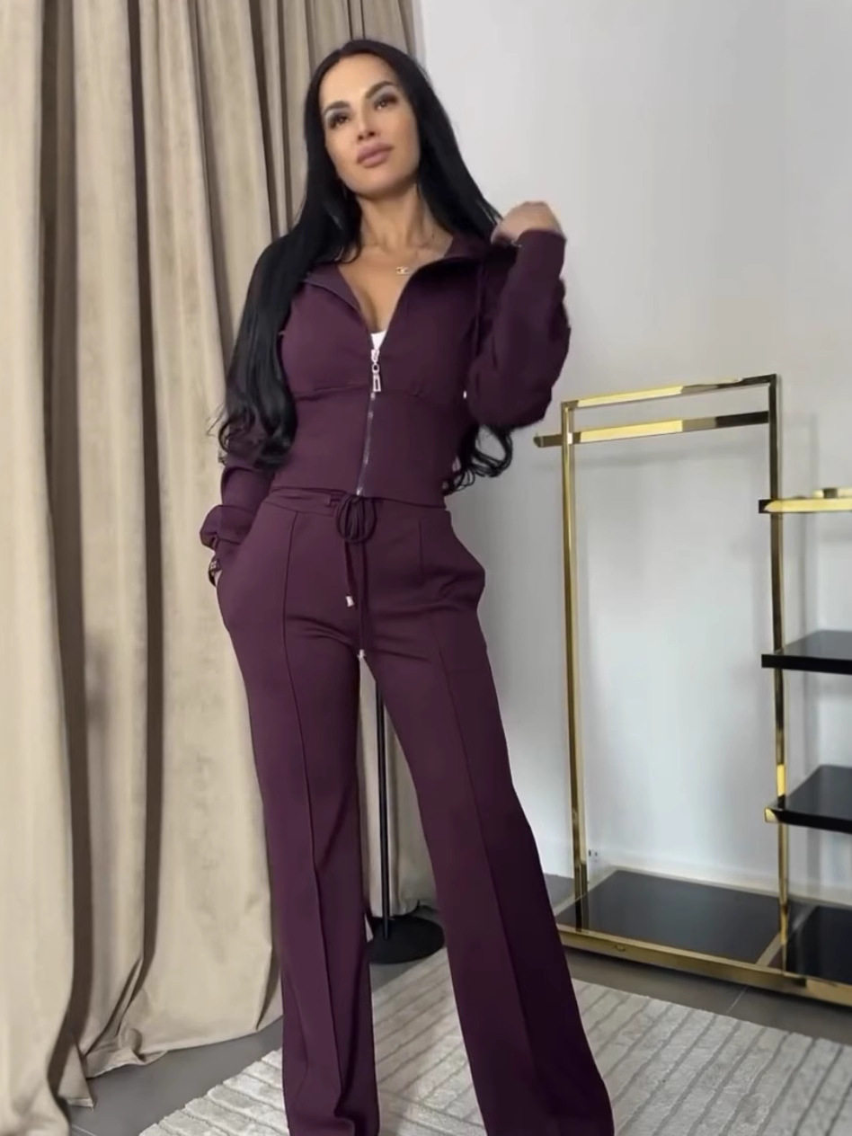 European and American 2025 Spring and Autumn Women's Long-Sleeved Slim Short Two-Piece Set Cross-Border Independent Station Popular Hooded Casual Suit