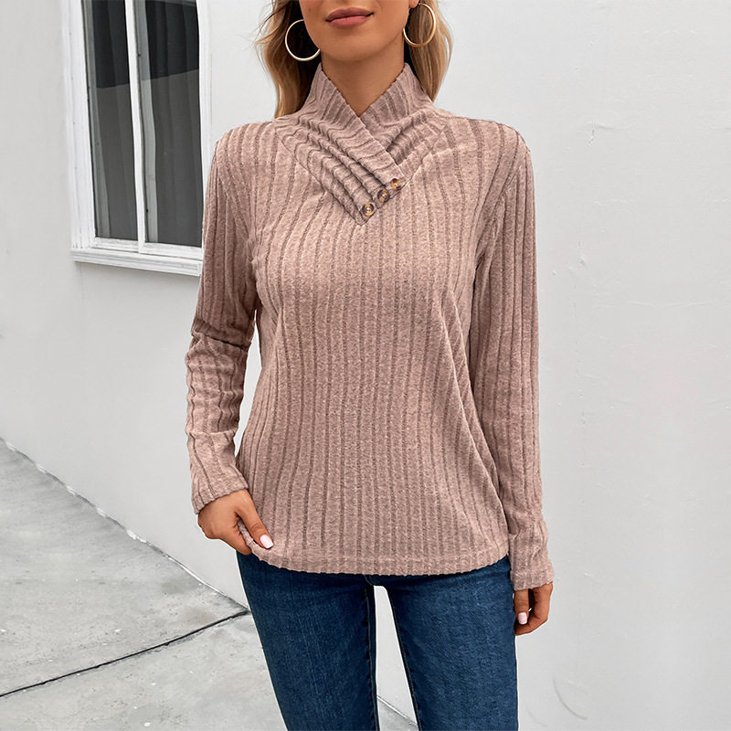Womens Long Sleeve Top Solid Color Mid Neck Casual Style Perfect for Autumn Wear Wholesale Available