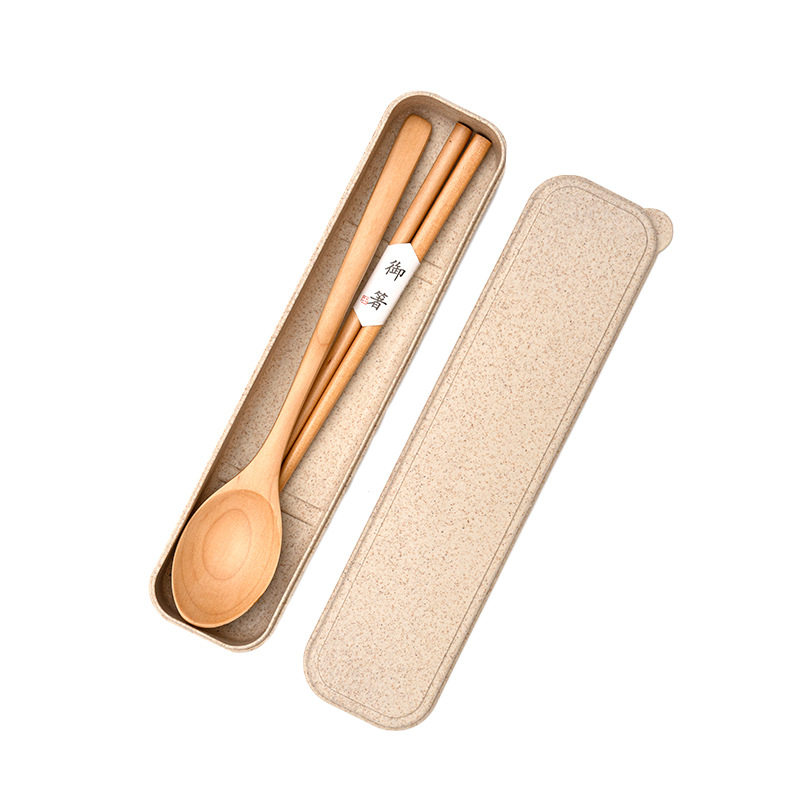 Beech Phoebe Portable Outdoor Travel Wooden Tableware Wholesale Japanese Chopsticks Wooden Spoon Storage Set for Primary School Students