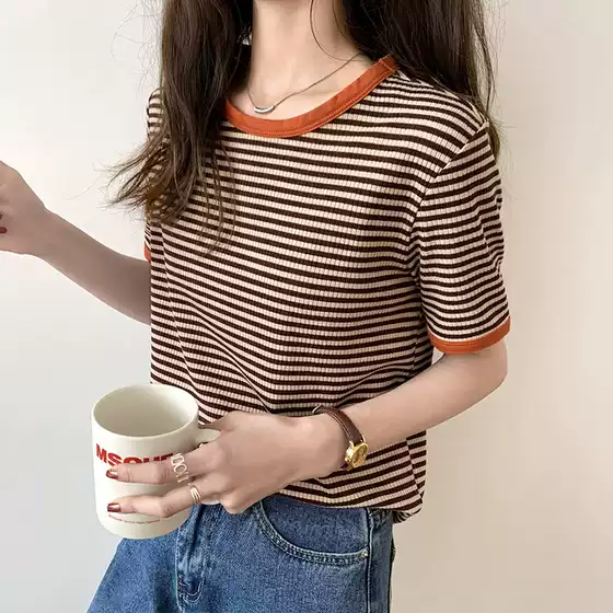 Striped Short Sleeve T-Shirt Women Summer New Korean Style Loose Round Neck Half Sleeve Casual Tee Top Women's Clothing Wholesale