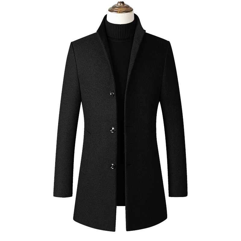 Mens Overcoat Mid Length Single Breasted Design Stand Collar Wool Blend Available in Multiple Colors and Sizes