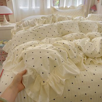 French Princess Style Wrinkled Gauze Bed Cover Four-Piece Set Retro Plaid Ruffle Lace Quilt Cover Quilted Bed Cover Three-Piece Set
