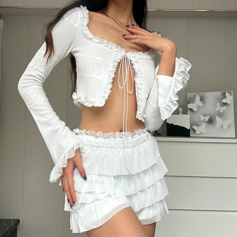 French Style Square Neck Knitted Cardigan with Tie Long Sleeve Chic Elegant Winter Fashion Set with Cake Skirt