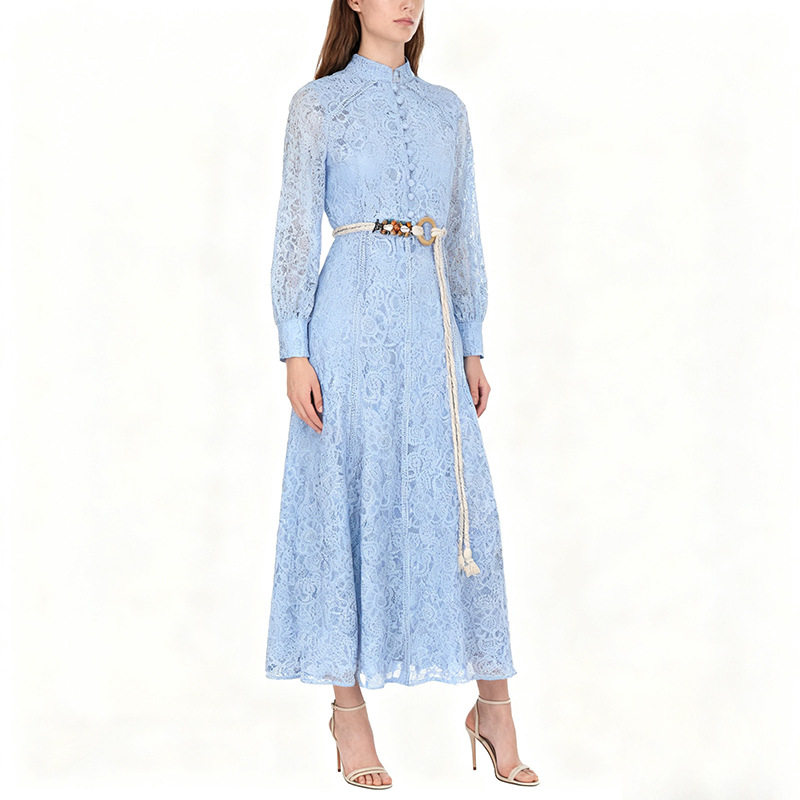 Elegant Red Lace A Line Dress Long Sleeve Waist Defined Spring Fashion Perfect for Office Wear Wholesale Available