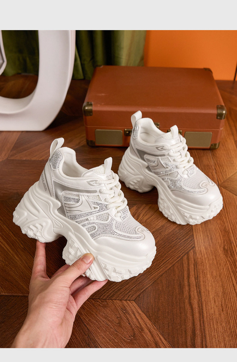 Giày sneaker nữ chunky đế dày lưới thoáng họa tiết đá quý gót 10 cm — Bạc, Trắng chi tiết 12