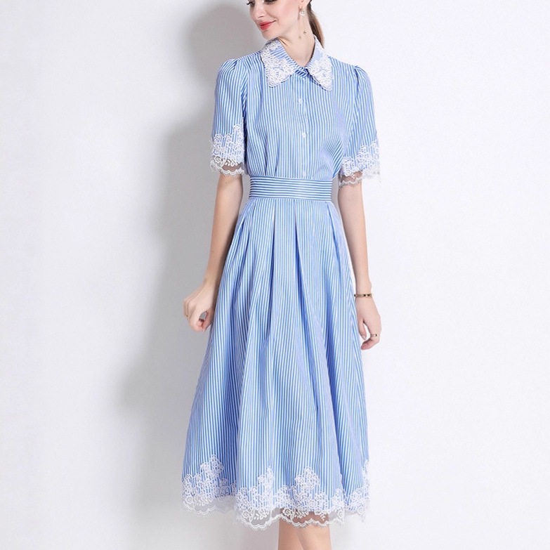 Pink Lace Trimmed Striped Short Sleeve Shirt Set High Waist Flattering A Line Skirt Casual Chic Outfit Wholesale