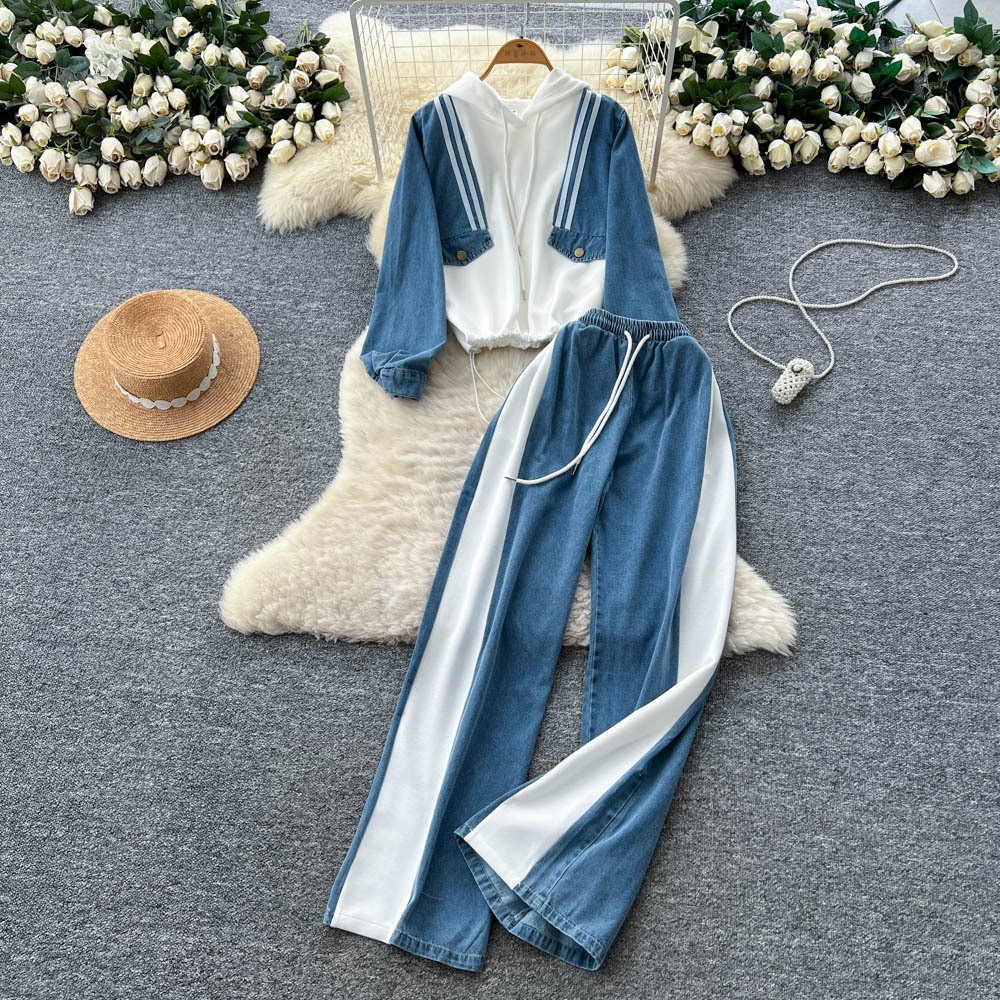 Womens Vintage Loose Fit Denim Hoodie and High Waisted Wide Leg Pants Set Casual Style for Fall Winter Wholesale