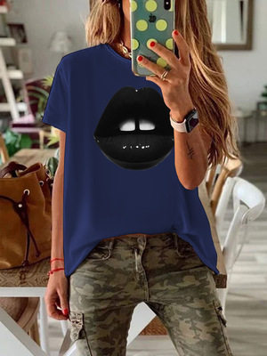 Plus Size Womens Black Short Sleeve T Shirt Lips Print Round Neck Fitted Style Casual Wear Wholesale Available