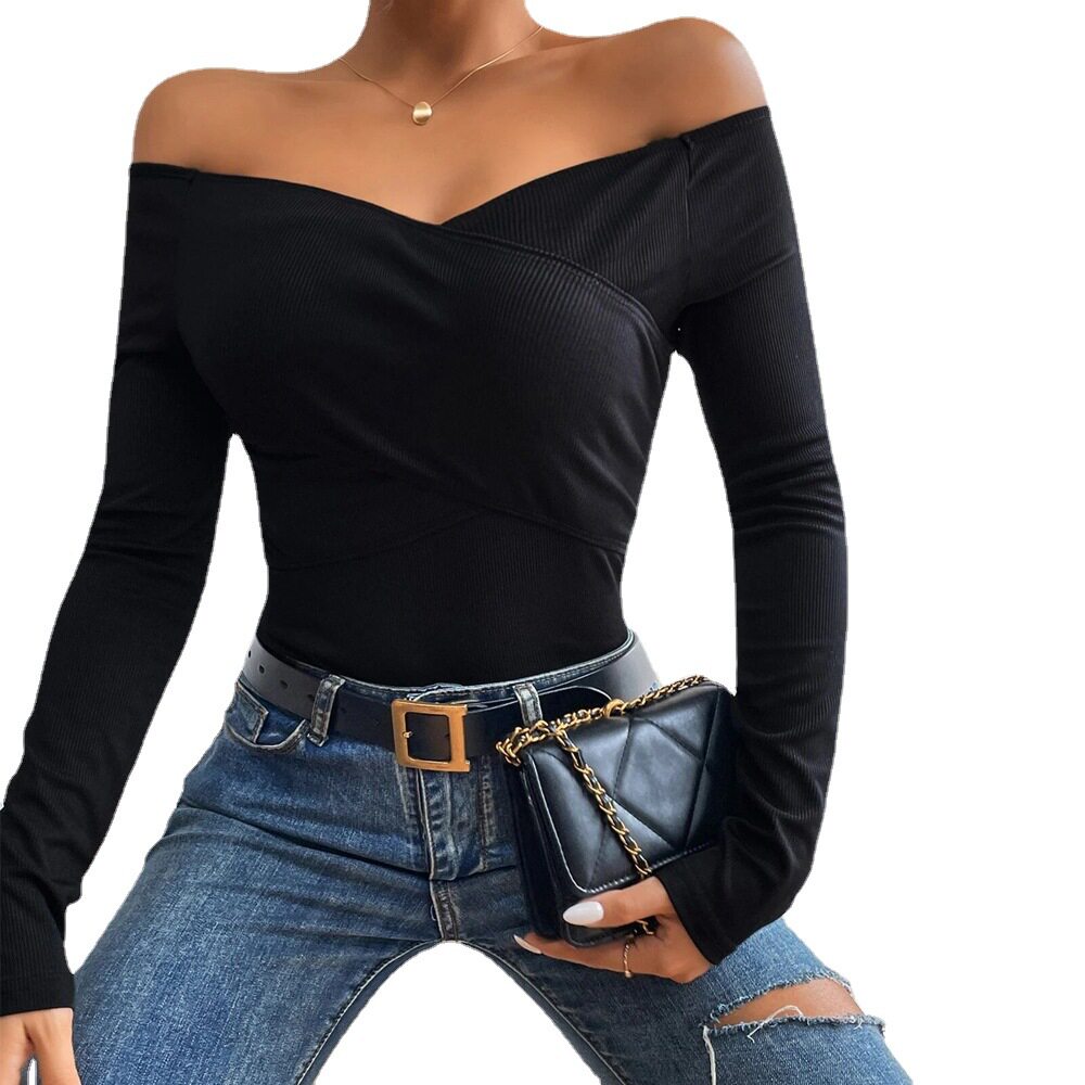 Slim Fit Long Sleeve Knit T Shirt Off Shoulder Neckline Elegant Style Comfortable Fabric Perfect for Casual Wear