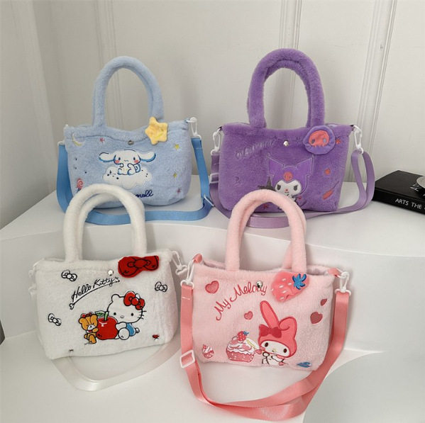 Autumn and Winter Furry Hand-Held Crossbody Bag, Cute and Adorable Cinnamoroll and Hello Kitty Plush Storage Crossbody Small Bag