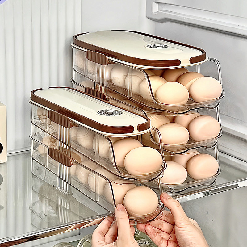Creative Kitchen Timer Multi-Layer Egg Holder with Rolling Egg Slide for Refrigerator Side Door