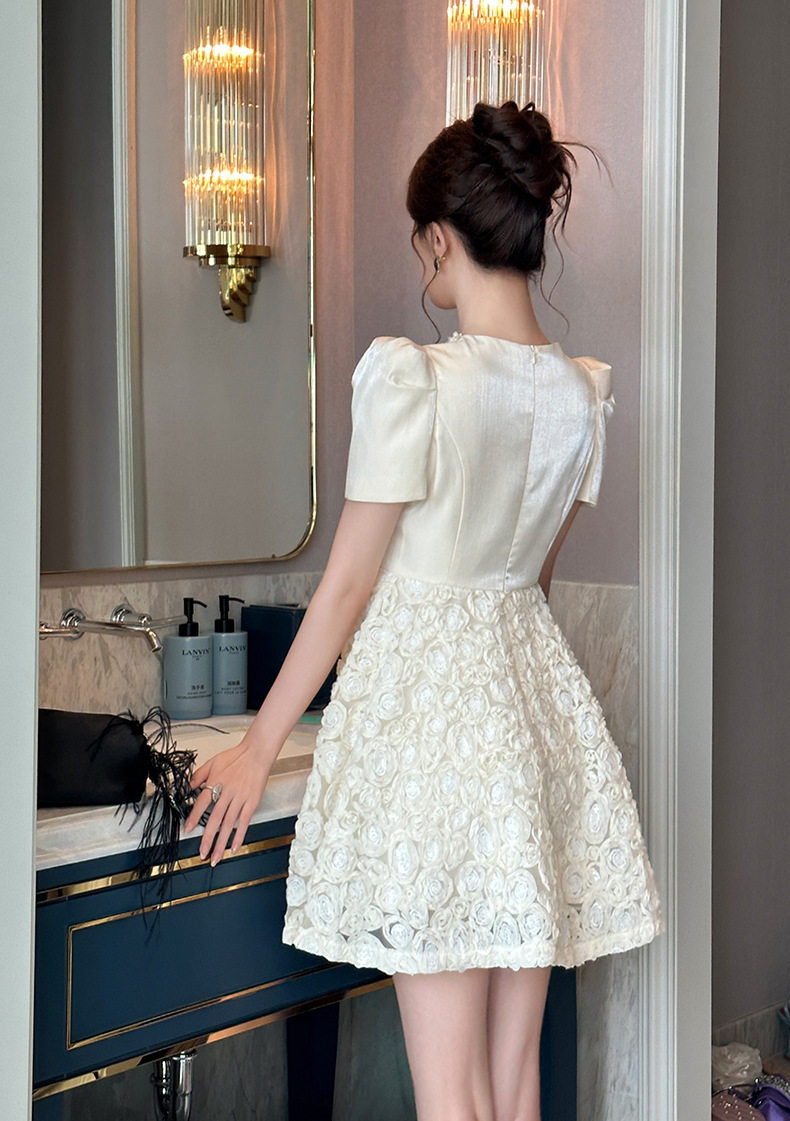 Đầm suông nữ midi tay ngắn cổ tròn chất liệu polyester phong cách phương Tây — [Màu hồng đào] chi tiết 12