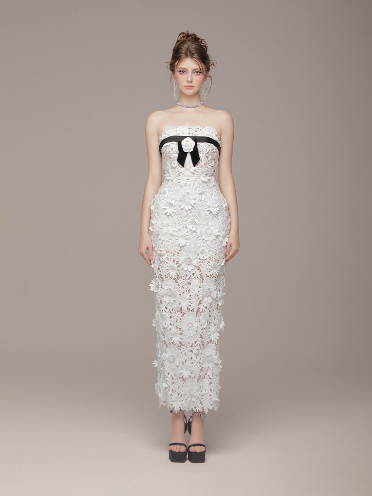 Đầm maxi nữ thắt eo cổ ống tay ngắn ren hoa nổi 3D — Trắng chi tiết 2